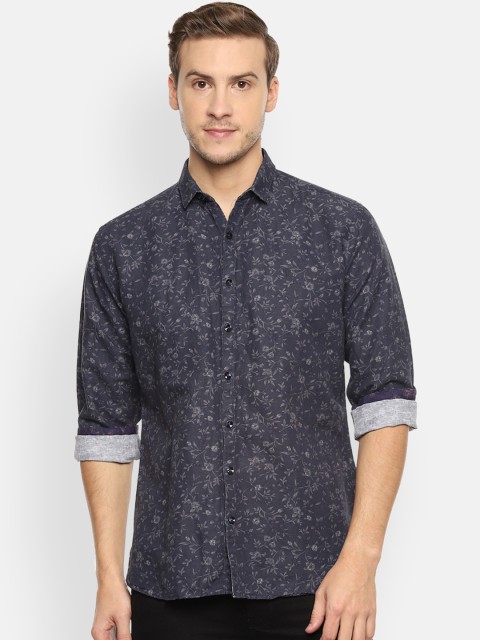 

V Dot Men Navy Blue & Grey Slim Fit Printed Casual Shirt