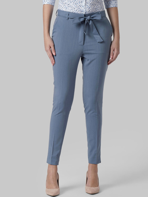 

Park Avenue Woman Blue Tapered Fit Solid Crop Regular Trousers