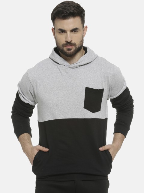 

Campus Sutra Men Black & Grey Colourblocked Hooded Sweatshirt
