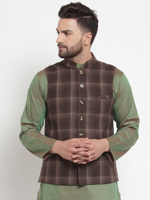 

NEUDIS Men Brown Checked Pure Wool Nehru Jacket