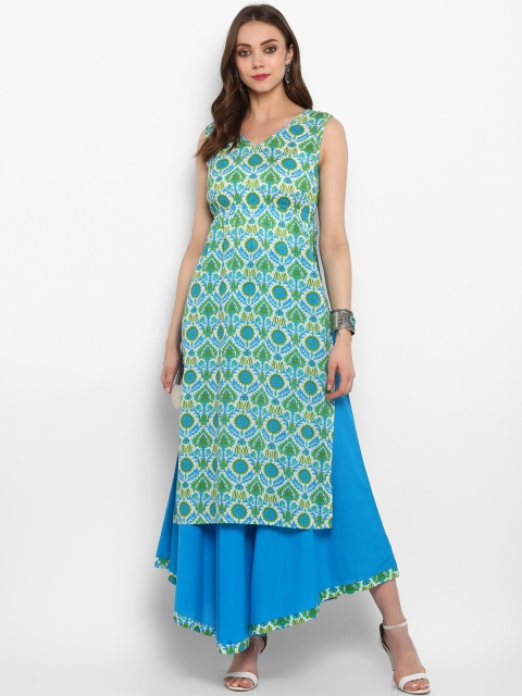 

aayusika Women Green & Blue Printed A-Line Kurta
