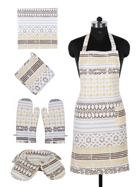 

House This Unisex Set of 6 Beige & Brown Printed Cotton Kitchen Linen Set