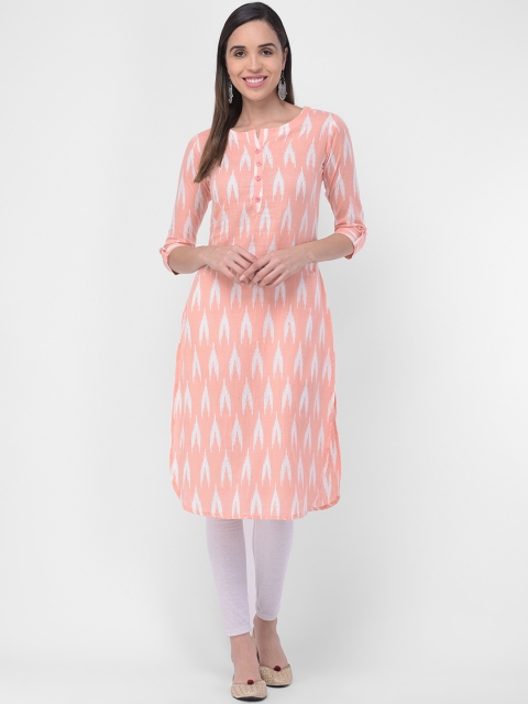 

aayusika Women Peach-Coloured & White Printed A-Line Kurta