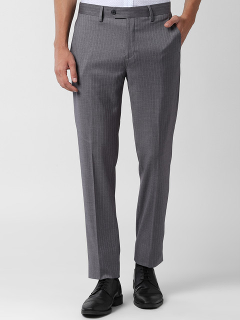 

Peter England Men Grey Slim Fit Striped Formal Trousers