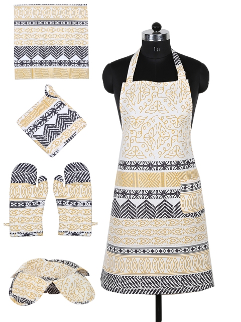 

House This Unisex Set of 6 Yellow & Black Printed Cotton Kitchen Linen Set