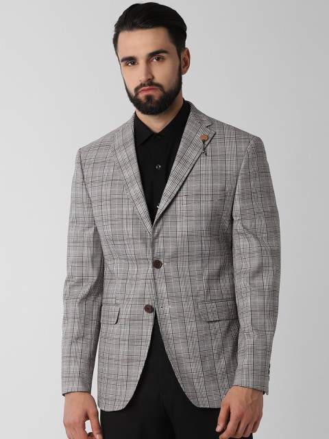 

Peter England Men Grey Checked Slim-Fit Single-Breasted Blazer