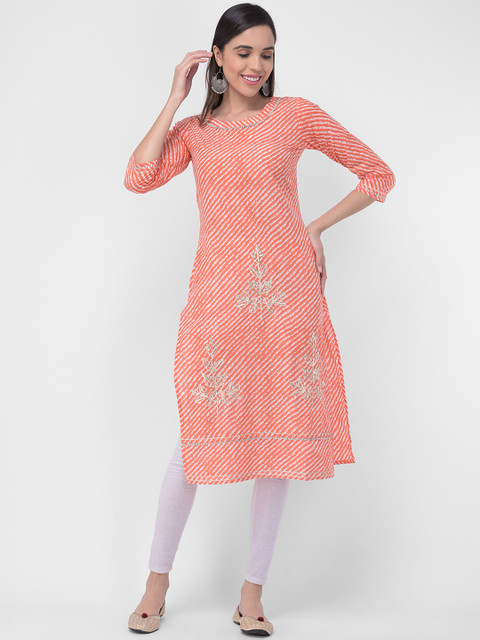 

aayusika Women Peach-Coloured & White Printed A-Line Kurta