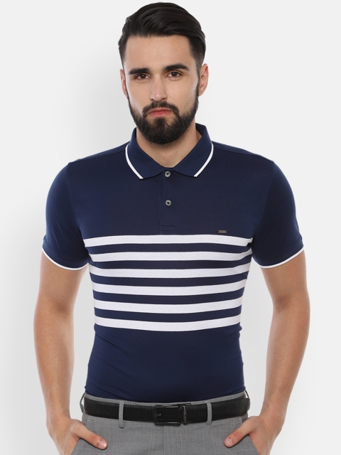

Van Heusen Men Navy Blue Striped Polo Collar T-shirt