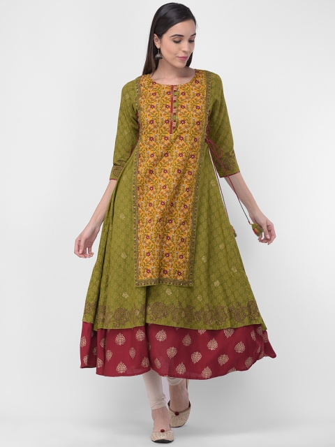 

aayusika Women Olive Green & Mustard Yellow Printed Layered A-Line Kurta
