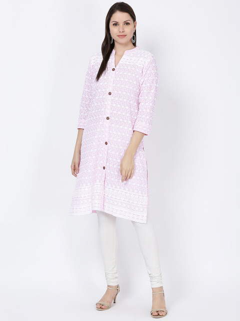 

Soch Women Pink & White Embroidered Pure Cotton Straight Kurta