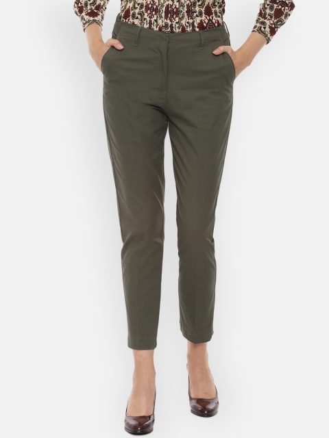 

Van Heusen Woman Olive Green Regular Fit Solid Crop Peg Trousers
