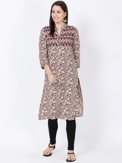

Soch Women Off-White & Maroon Printed Pure Cotton Straight Kurta
