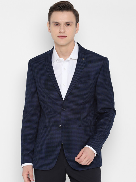 

Allen Solly Men Navy Blue Checked Slim-Fit Single-Breasted Blazer