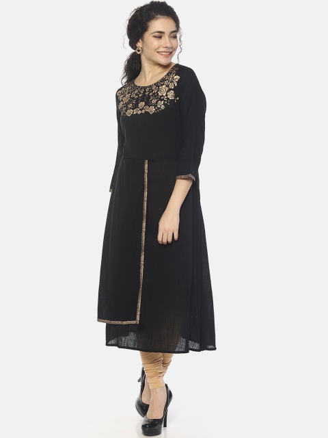 

Mytri Women Black & Gold-Toned Printed Straight Kurta