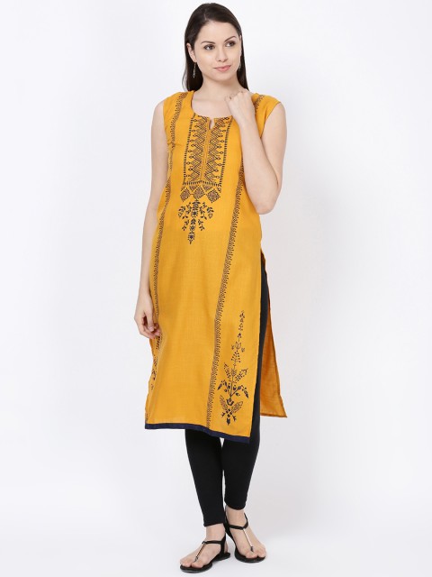 

Soch Women Yellow & Black Printed Pure Cotton Straight Kurta