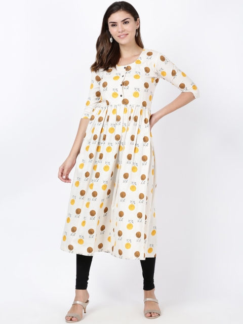 

Soch Women Yellow & White Printed Pure Cotton Anarkali Kurta