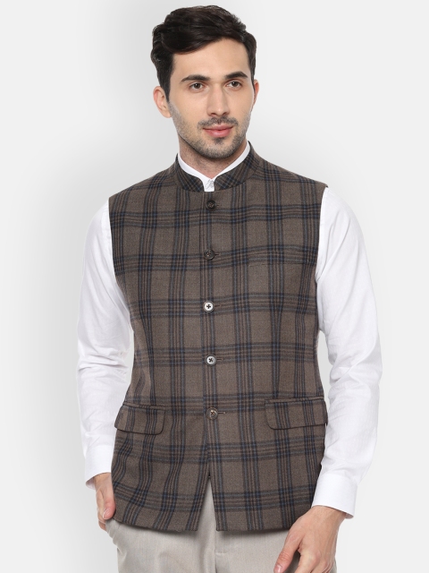

Van Heusen Men Brown & Blue Checked Nehru Jacket
