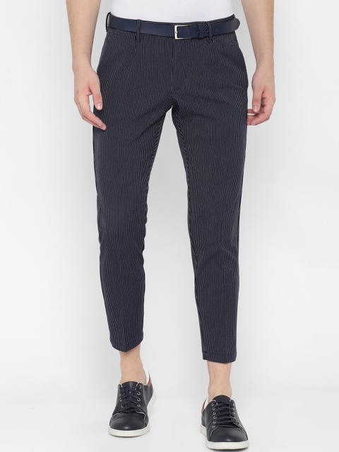 

Allen Solly Men Navy Blue & Grey Slim Fit Striped Regular Trousers