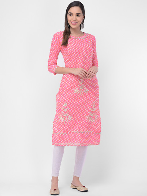 

aayusika Women Pink & Yellow Printed A-Line Kurta