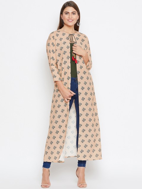 

The Kaftan Company Women Peach-Coloured & Navy Blue Printed Tie-Up Longline Shrug