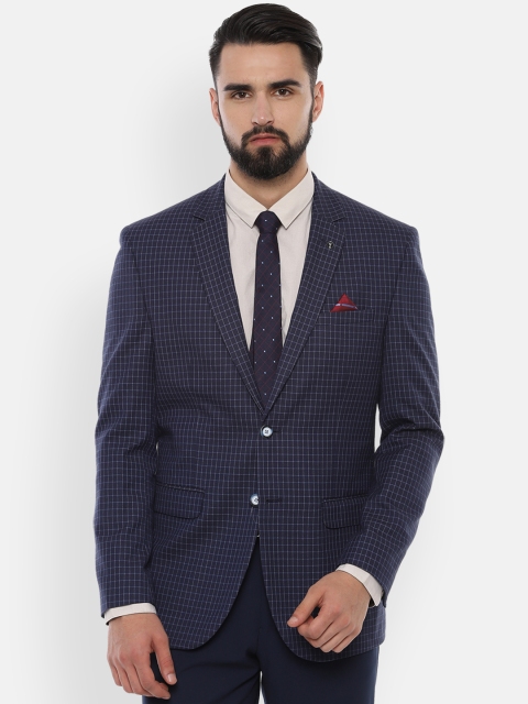 

Van Heusen Men Navy Blue Checked Slim-Fit Single-Breasted Blazer