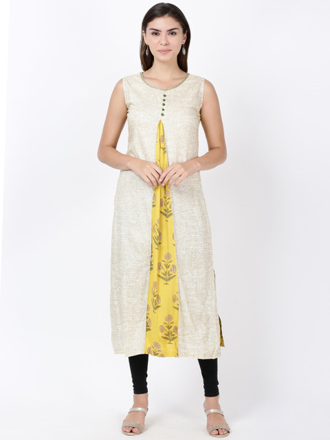 

Soch Women Off-white & Yellow Printed Straight Kurta