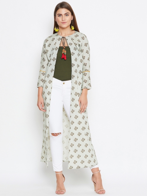 

The Kaftan Company Women Green & Beige Printed Tie-Up Shrug