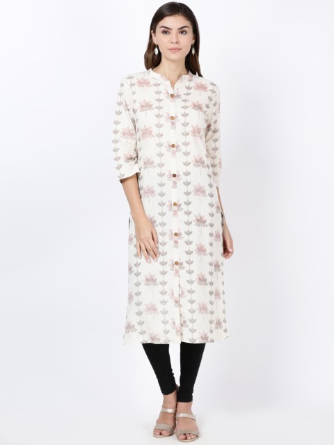 

Soch Women Off-white & Maroon Printed Pure Cotton Straight Kurta