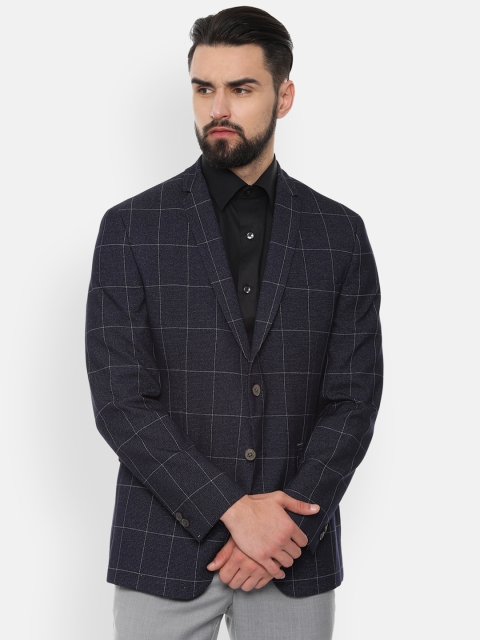 

Van Heusen Men Navy Blue Checked Slim-Fit Single-Breasted Blazer