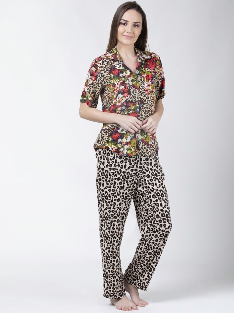 

ADORENITE Women Brown & Black Animal & Floral Printed Night Suit