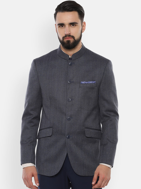 

Van Heusen Men Blue Self-Design Slim-Fit Bandhgala Blazer
