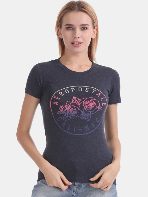 

Aeropostale Women Grey & Blue Solid Round Neck T-shirt