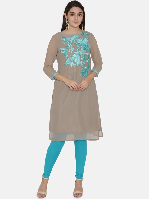 

Kifahari Women Grey & Turquoise Blue Embroidered Slim-Fit Kurta