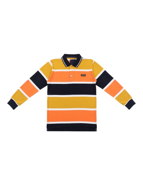 

Lil Tomatoes Boys Orange & Navy Blue Striped Polo Collar T-shirt