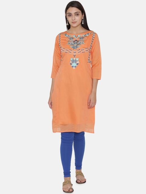 Kifahari Women Orange & Turquoise Blue Embroidered Slim-Fit Knee-Length Kurta