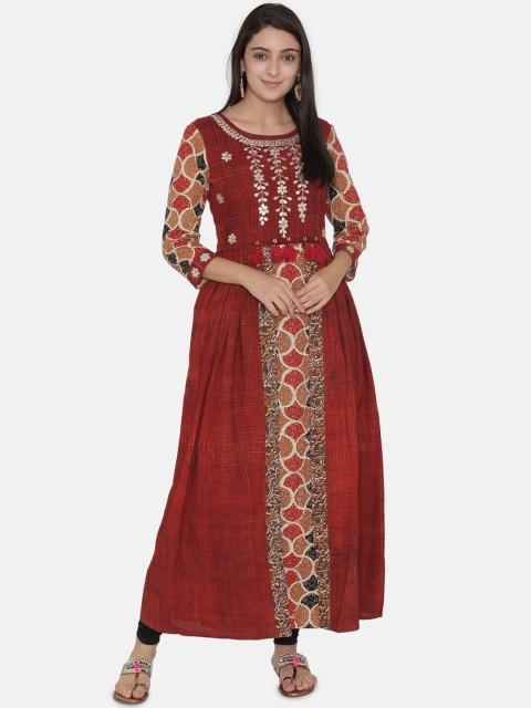 

Kifahari Women Maroon Layered Flared Ankle-Length Cotton Kurta