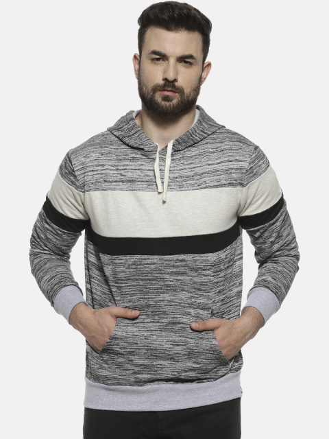 

Campus Sutra Men Grey & Black Striped Hooded Sweatshirt