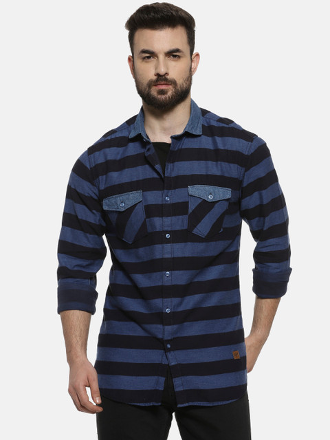 

Campus Sutra Men Blue & Black Striped Regular Fit Casual Shirt