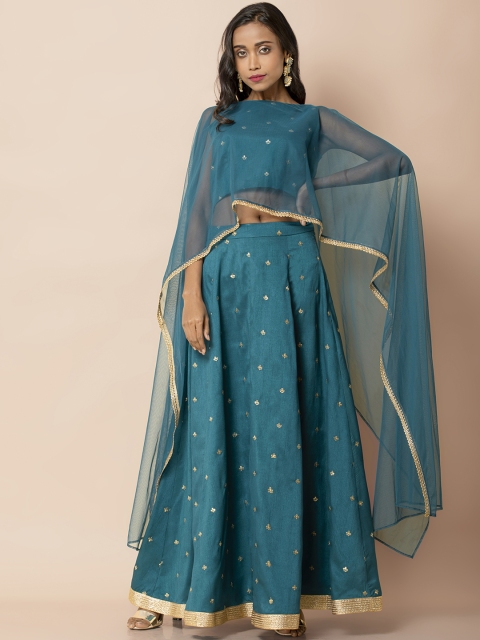 

INDYA Women Teal Embroidered Mesh Dupatta Sleeve Top