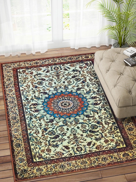 

Status Cream-Coloured & Navy Blue Printed Nylon Vintage Persian Anti-Skid Carpet, Multi