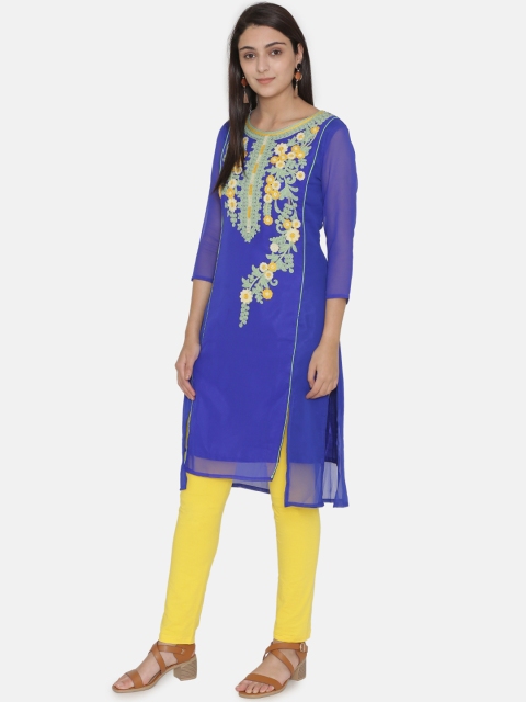 

Kifahari Women Blue & Yellow Floral Embroidered Slim-Fit Knee-Length Kurta