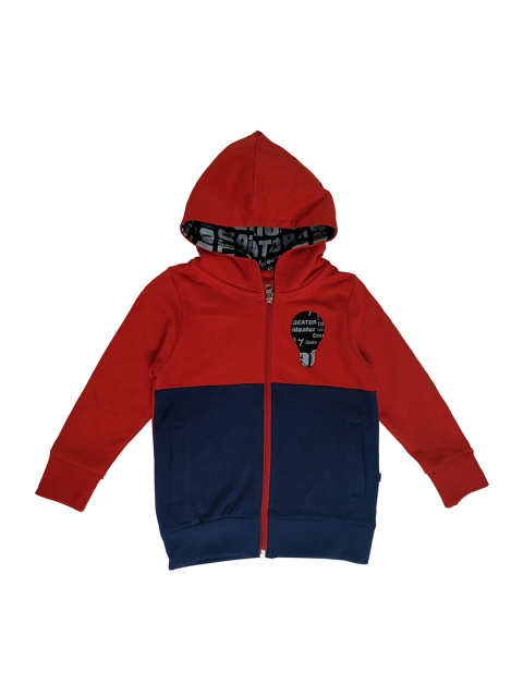 

KiddoPanti Boys Red & Navy Blue Colourblocked Hooded Sweatshirt