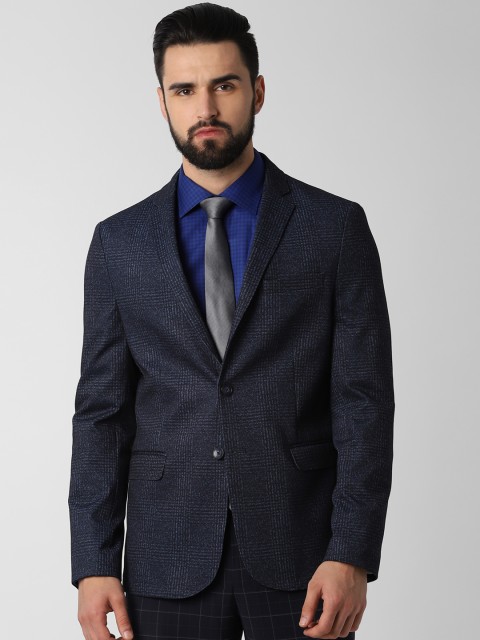 

Peter England Men Navy Blue Checked Slim Fit Single-Breasted Blazer