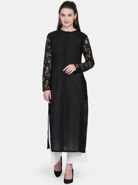 

Ojjasvi Women Black Woven Design Straight Kurta