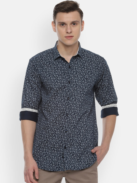 

V Dot Men Navy Blue & White Slim Fit Printed Casual Shirt