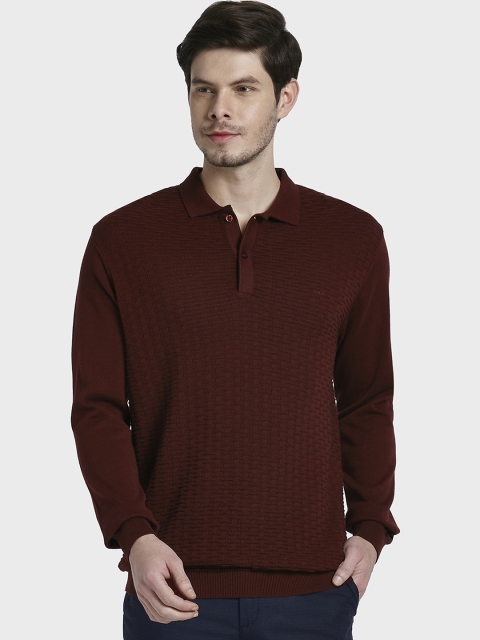 

ColorPlus Men Maroon Self Design Polo Collar T-shirt