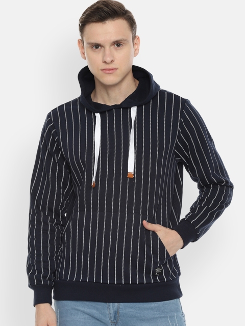 

People Men Navy Blue & White Striped Hooded Sweatshirt