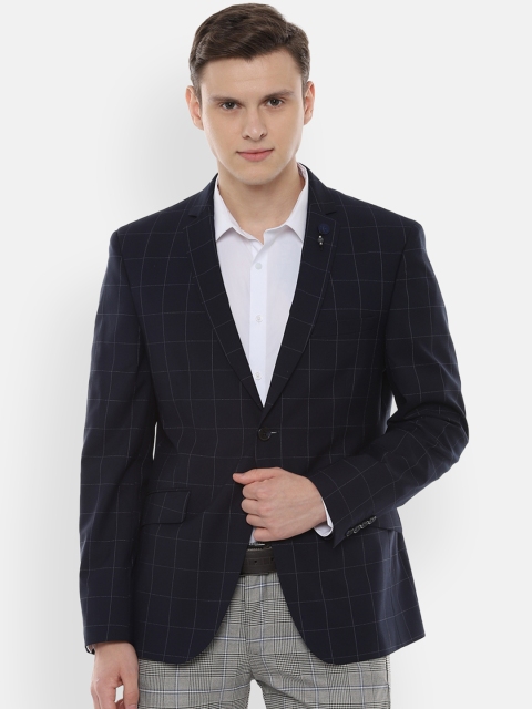 

V Dot Men Navy Blue Checked Slim Fit Single-Breasted Blazer
