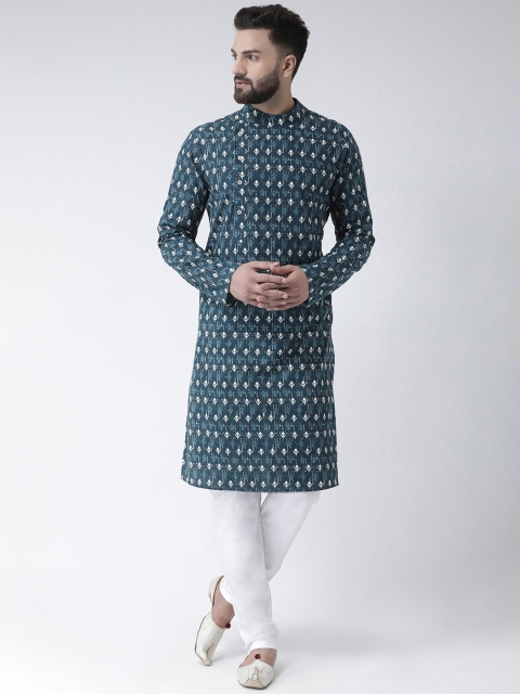 

Chitwan Mohan Men Teal Green & White Printed Kurta with Pyjamas