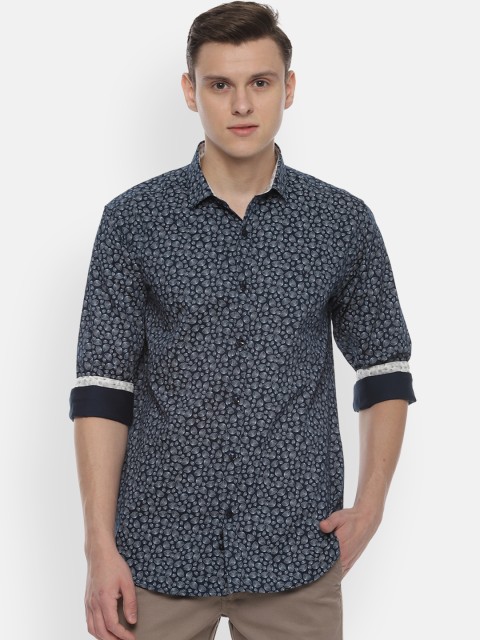 

V Dot Men Navy Blue & White Slim Fit Printed Casual Shirt